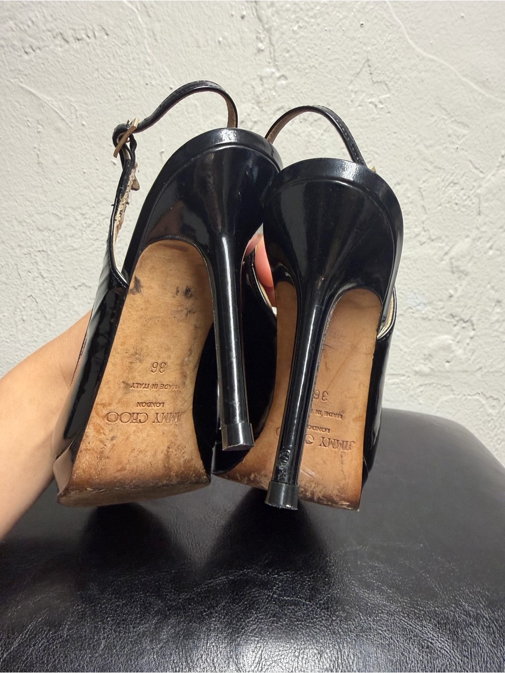 Jimmy Choo Black Patent Leather Peep-Toe Slingback Heels - Picture 8 of 15
